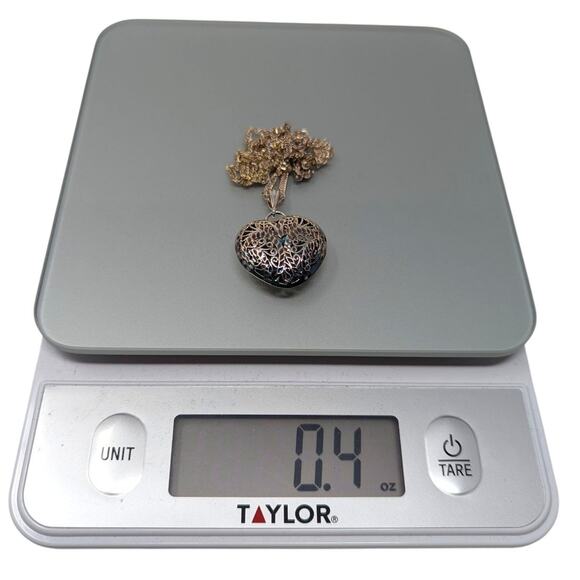 925 Italy Sterling Silver Filigree Heart Pendant Necklace 0.4oz Rope Chain - Picture 2 of 3